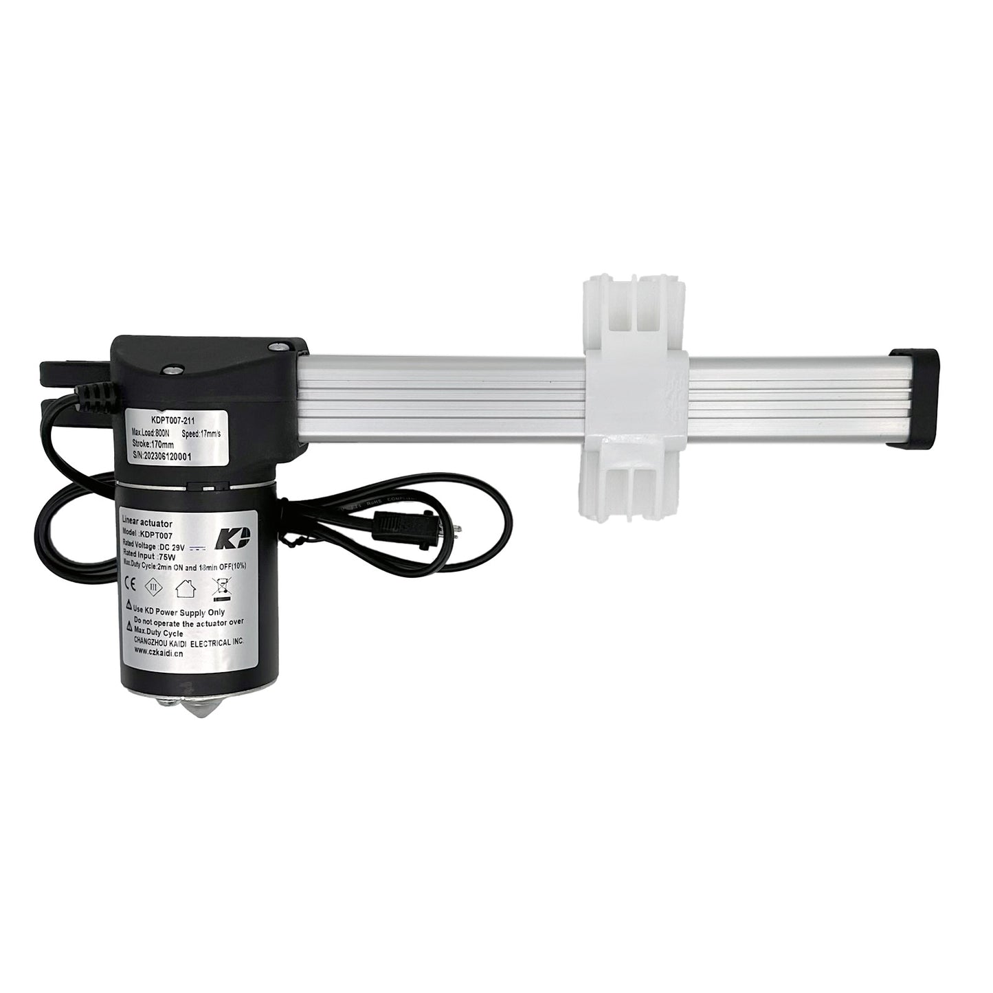 A Kaidi linear actuator assembly, featuring a black motor housing and a silver rod with a white plastic connector.