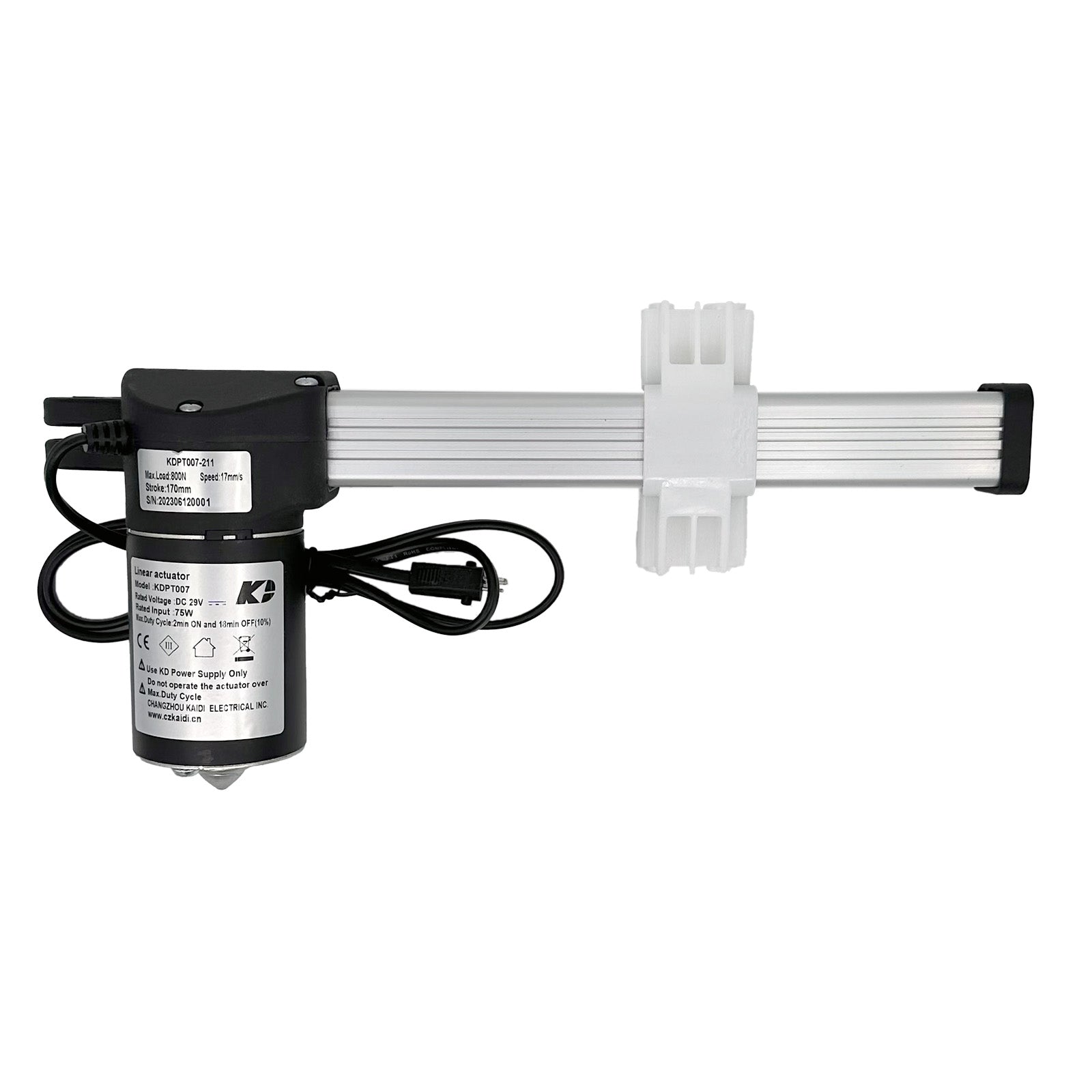 A Kaidi linear actuator assembly, featuring a black motor housing and a silver rod with a white plastic connector.