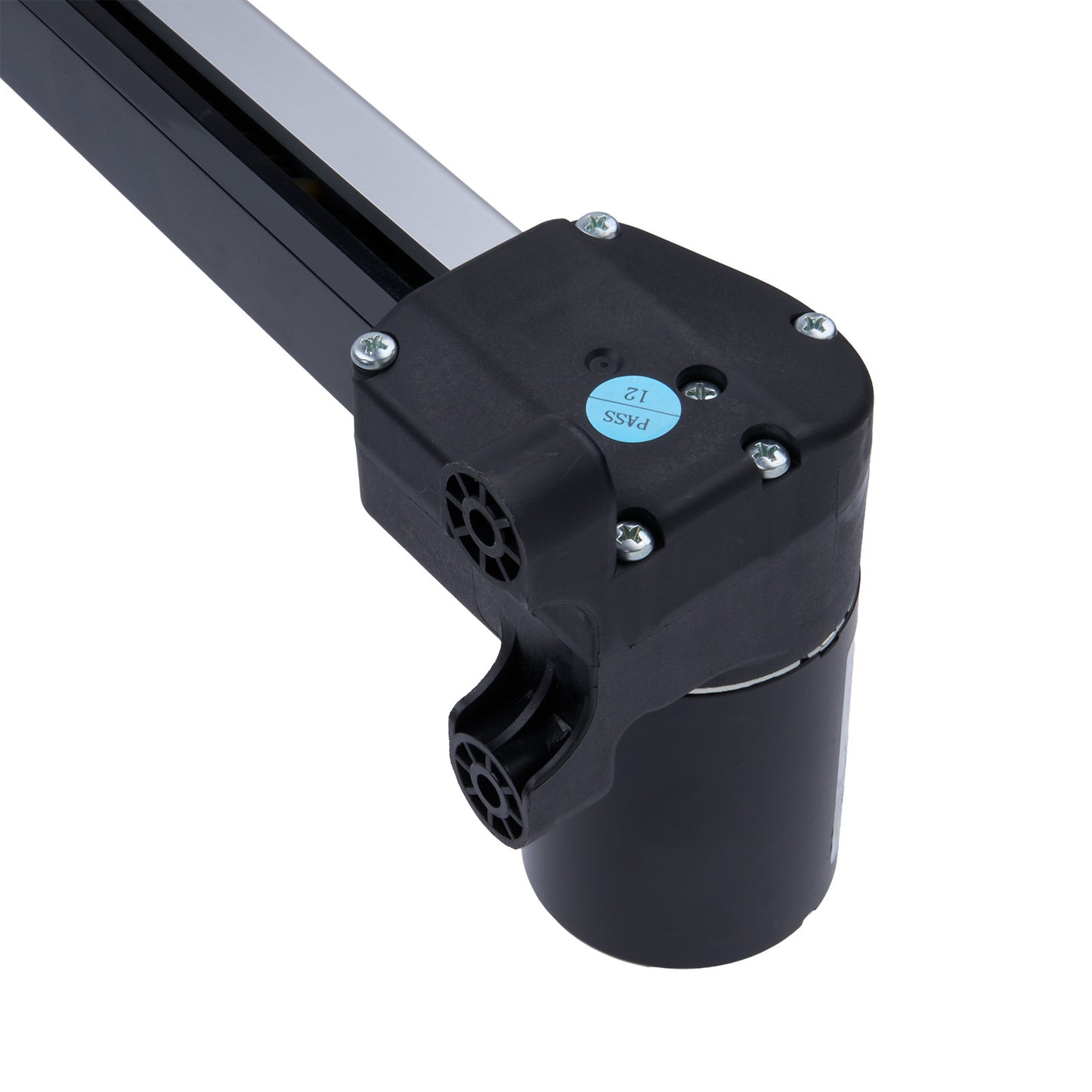 Black mechanical component with visible branding on a white background