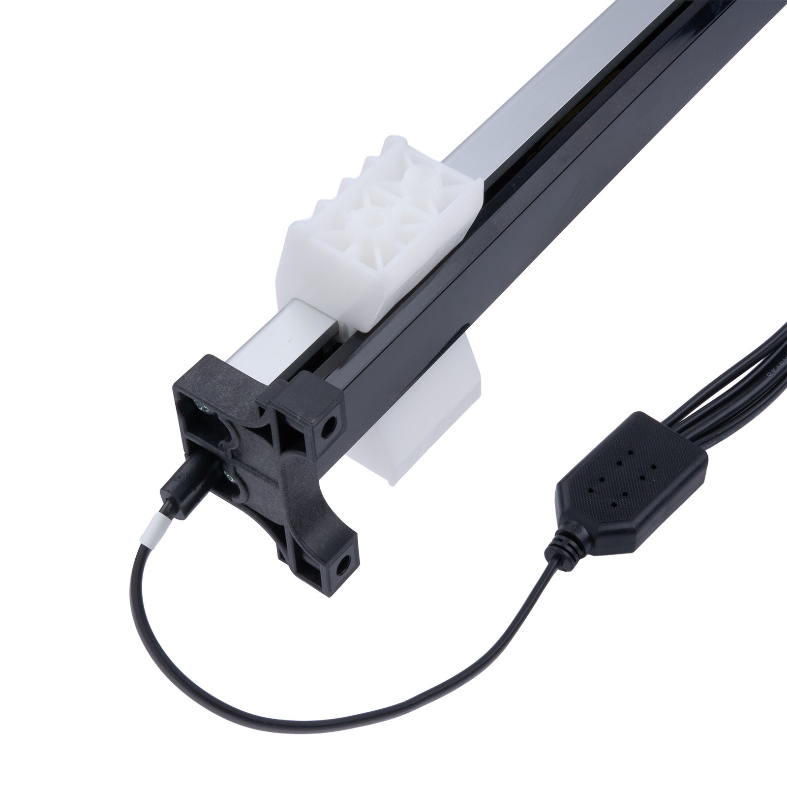Mechanical component with gears and wiring on a white background