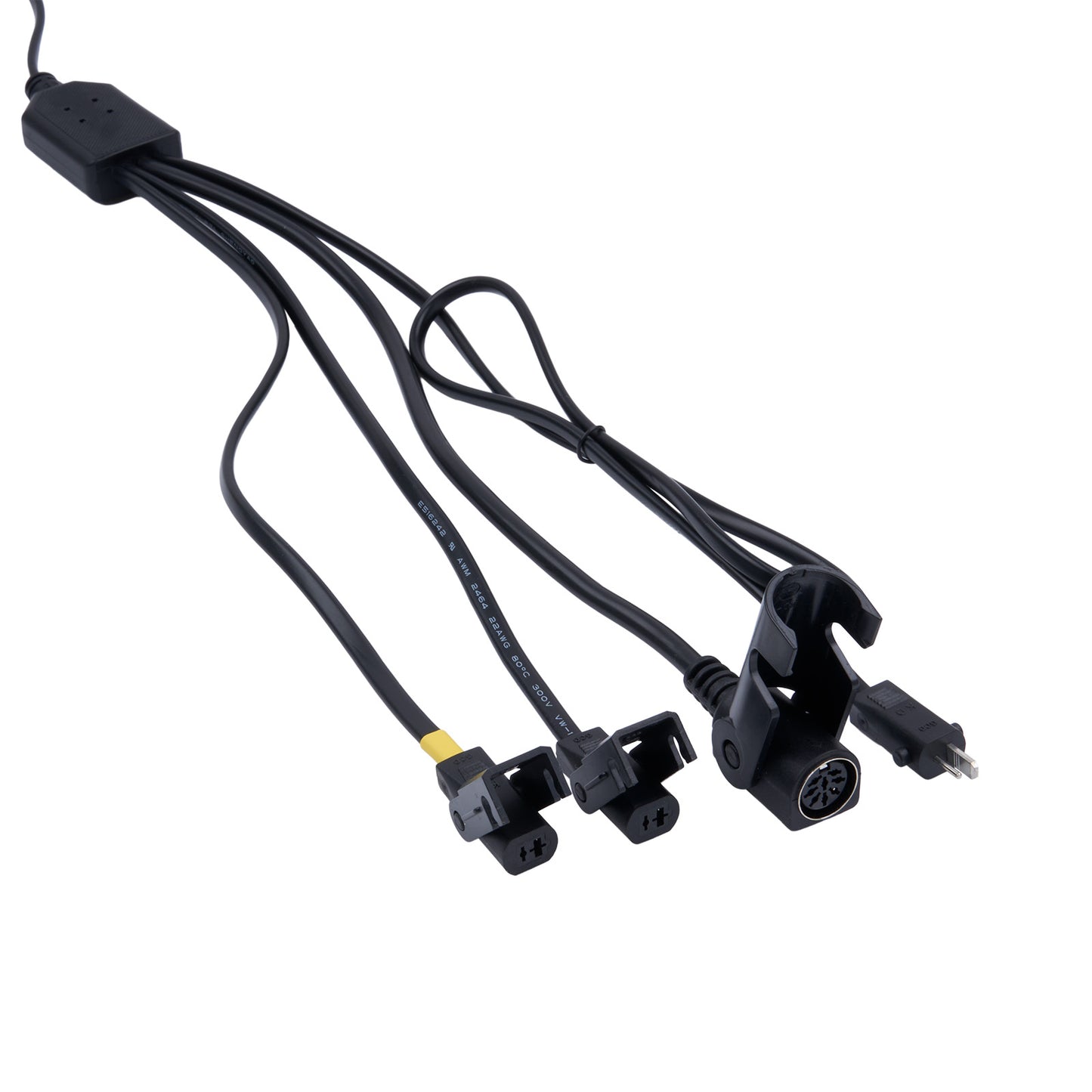 Black cable with multiple connectors on a white background