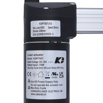 Linear actuator with specifications label on a white background