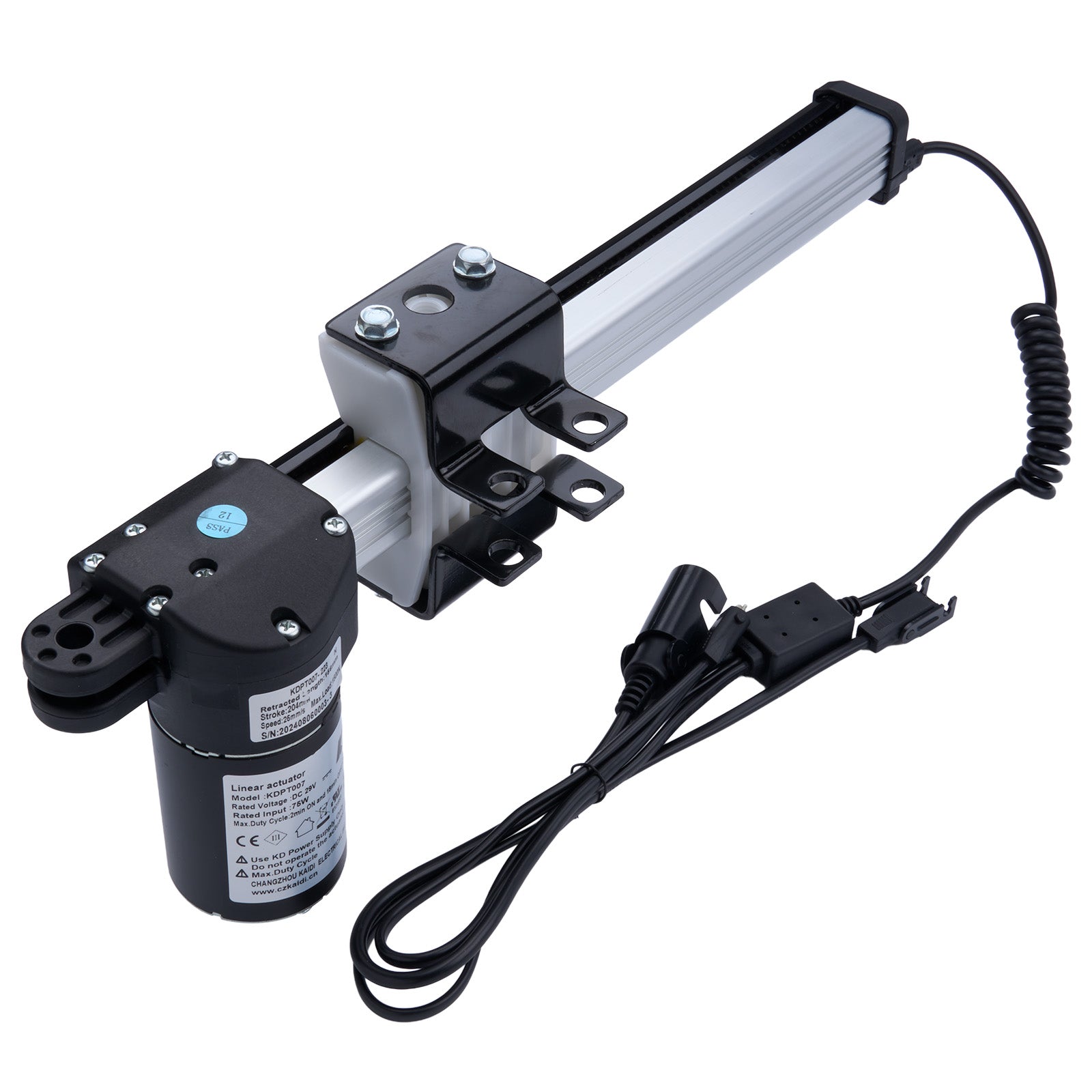 Mechanical linear actuator with power cable on a white background