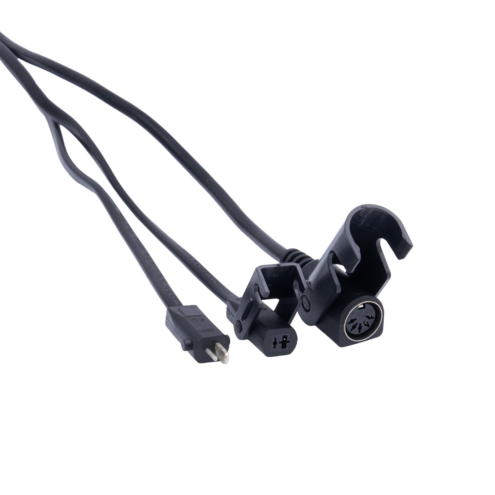 Black audio cable with plug and connector on a white background