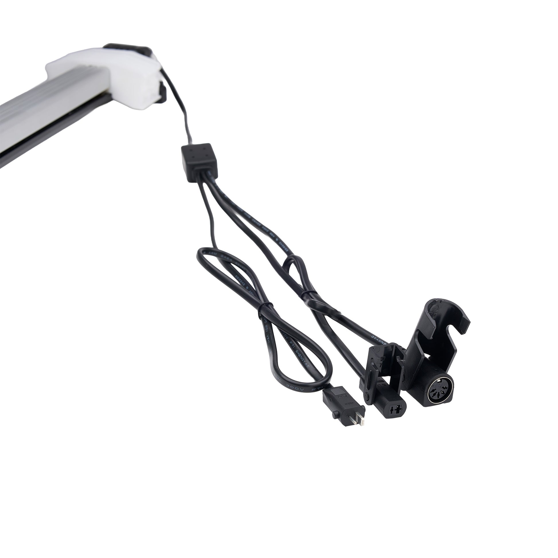 Black camera mount with power cable on a white background