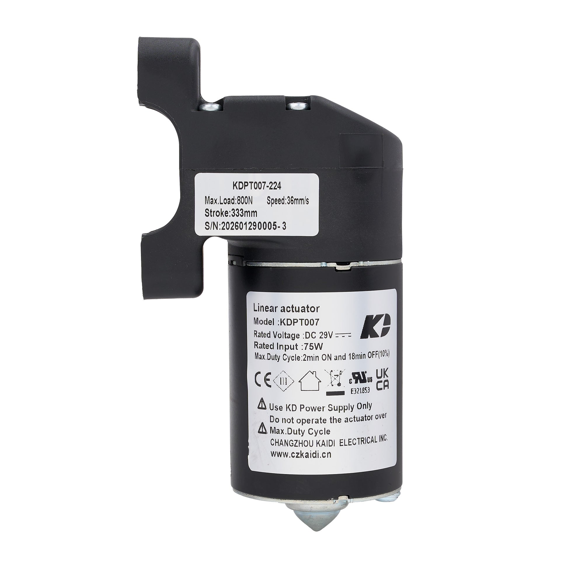 Black linear actuator with labeled specifications on a white background
