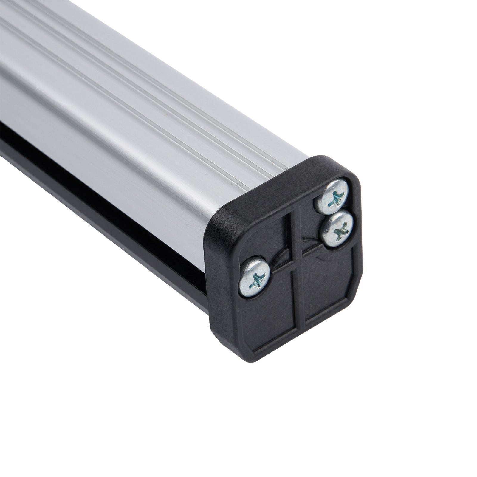 Metallic rod with black end cap featuring three screws on a white background