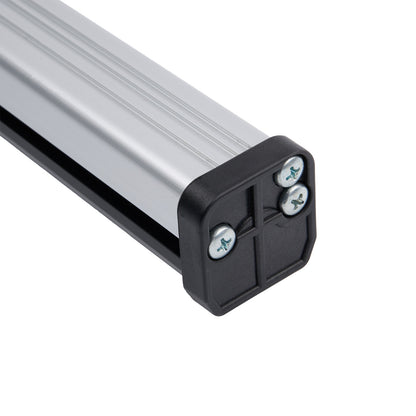 Metallic rod with black end cap featuring three screws on a white background