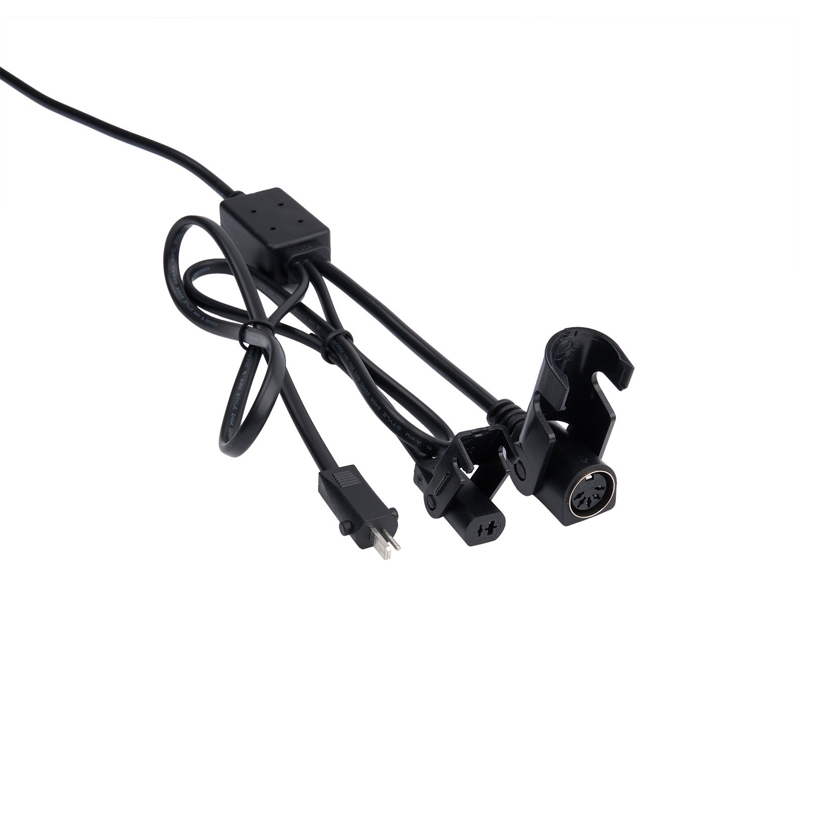 Black electrical cable with connectors on a white background