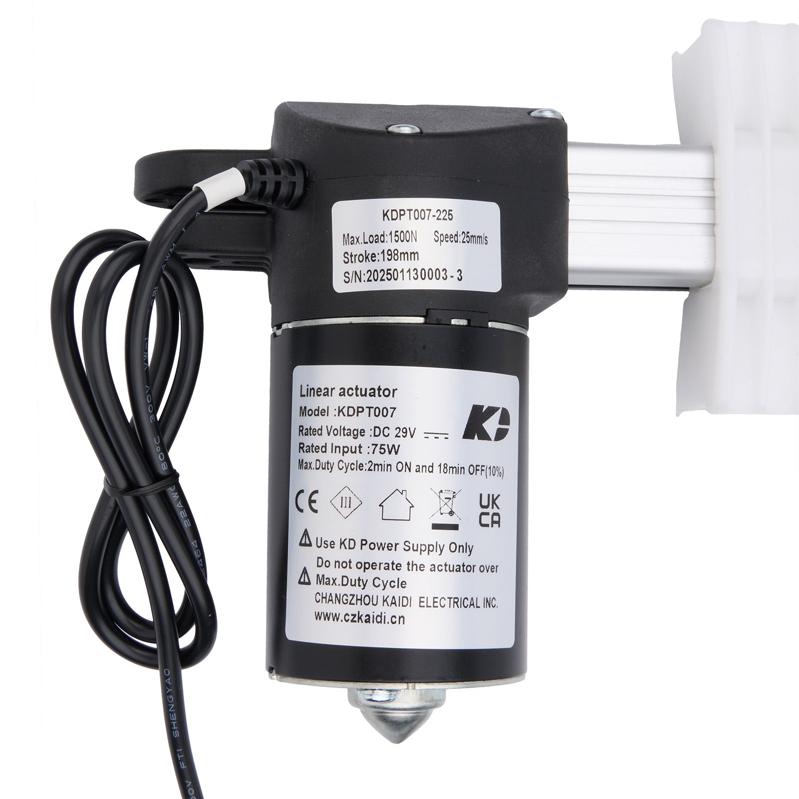 Linear actuator with cable and label on a white background