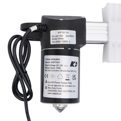 Linear actuator with cable and label on a white background