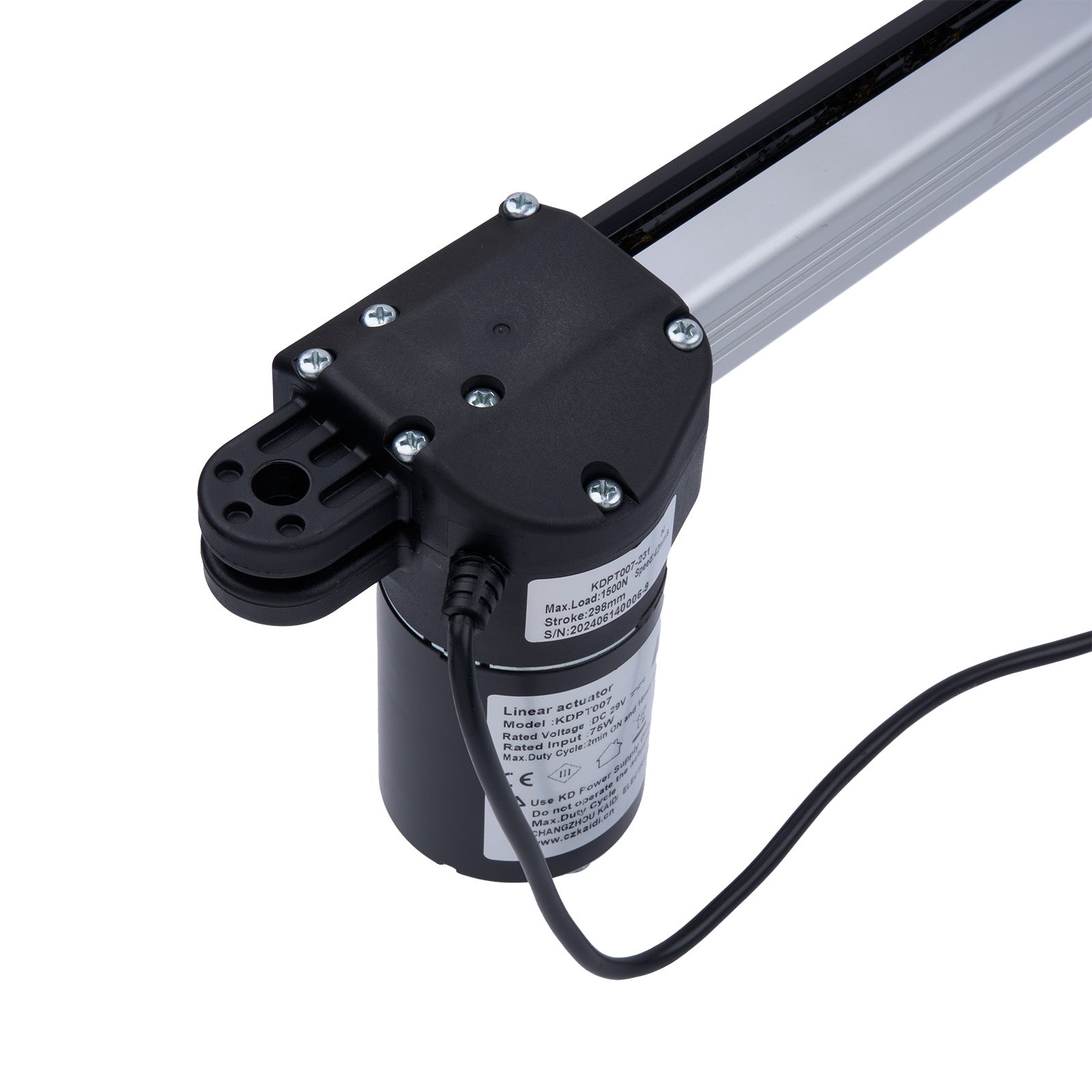 Linear actuator with black housing and visible wiring on a white background