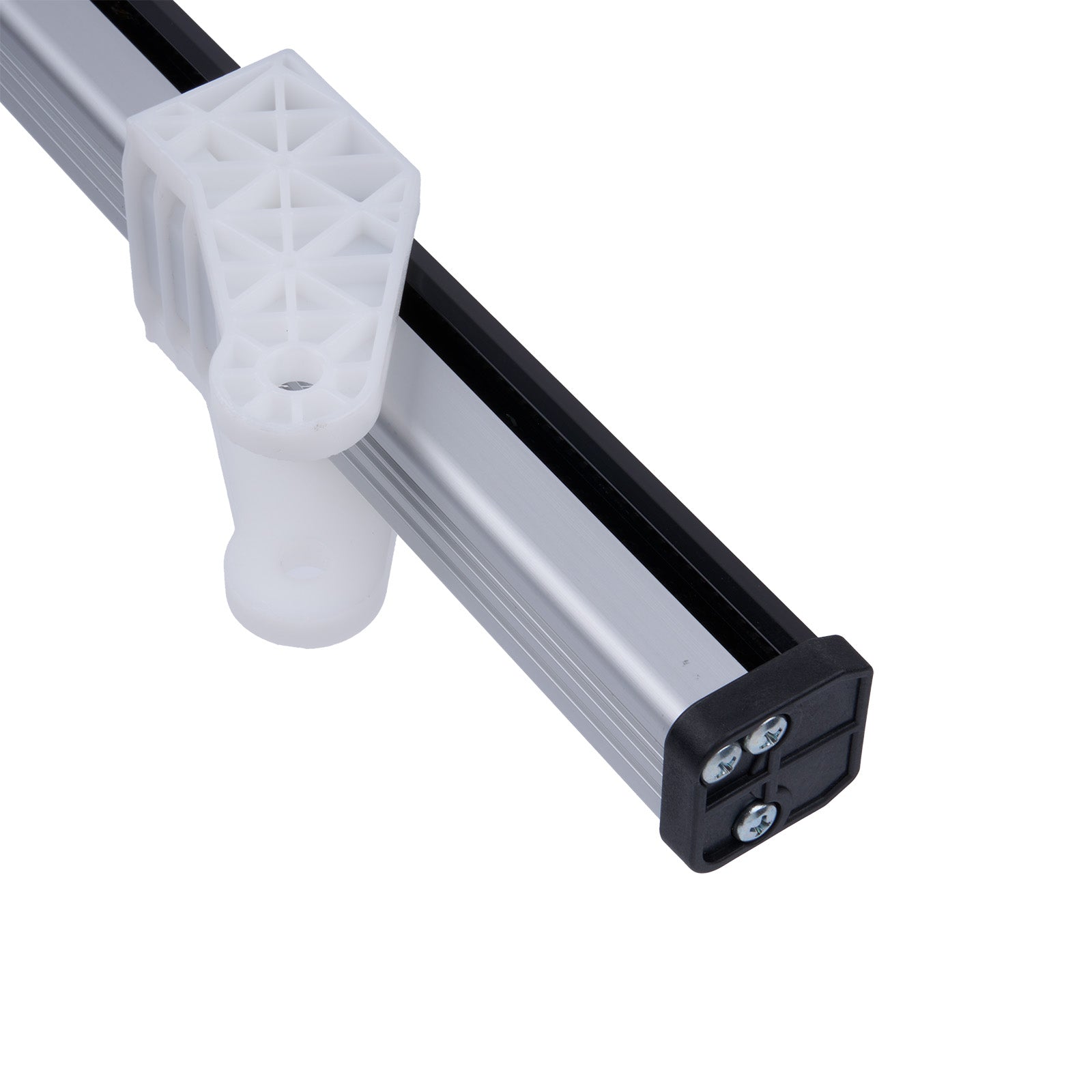 Metal rod with white connector and black end cap on a white background