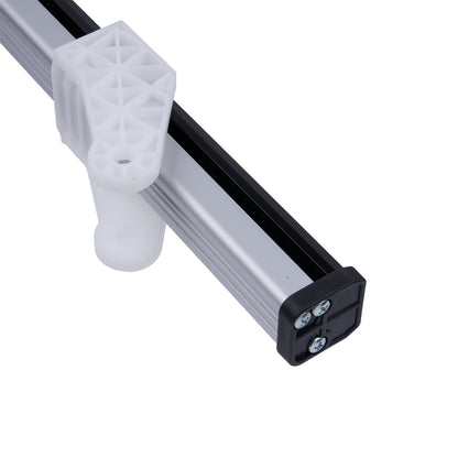 Metal rod with white connector and black end cap on a white background