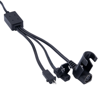 Black electrical cable with various connectors on a white background