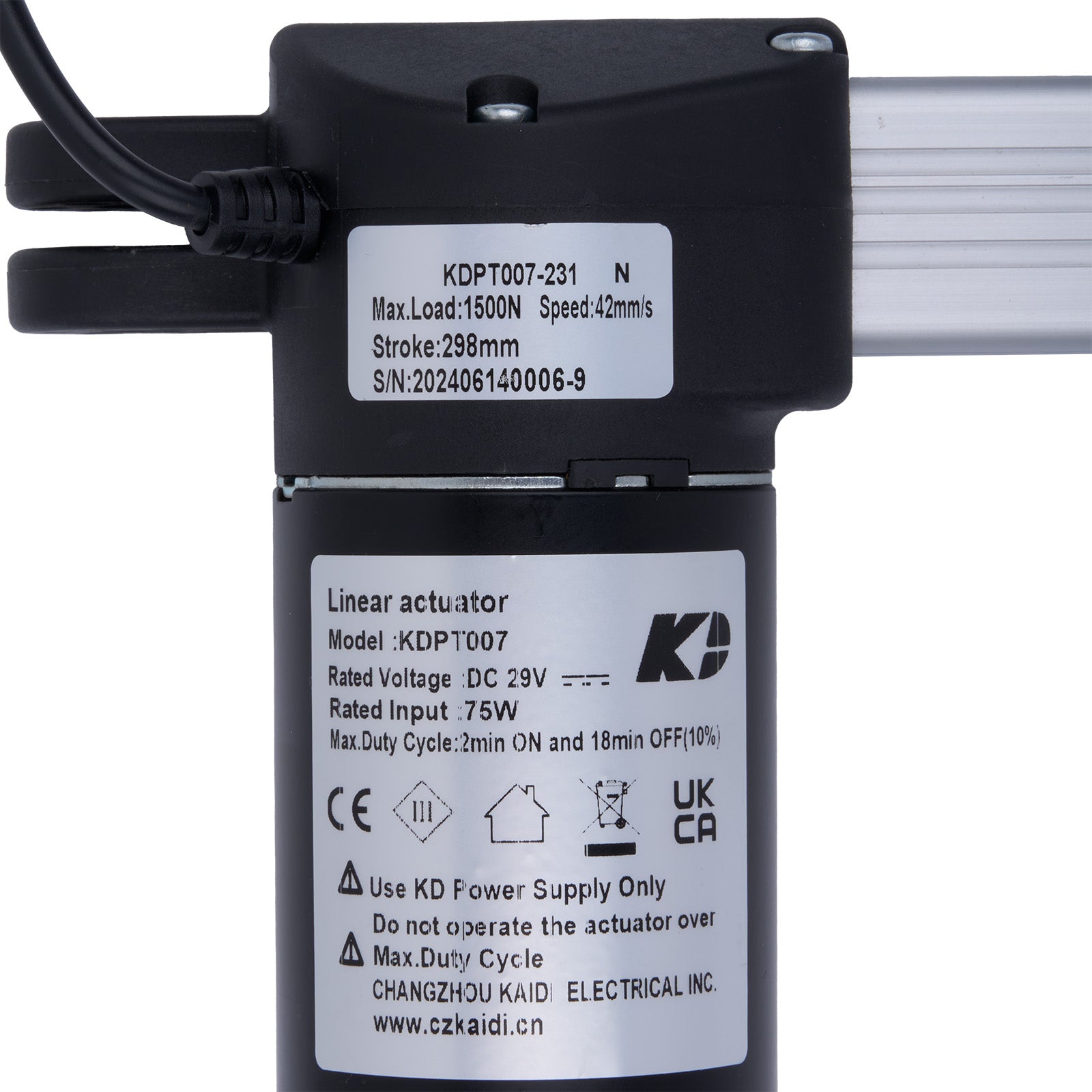 Linear actuator with specifications label on a white background