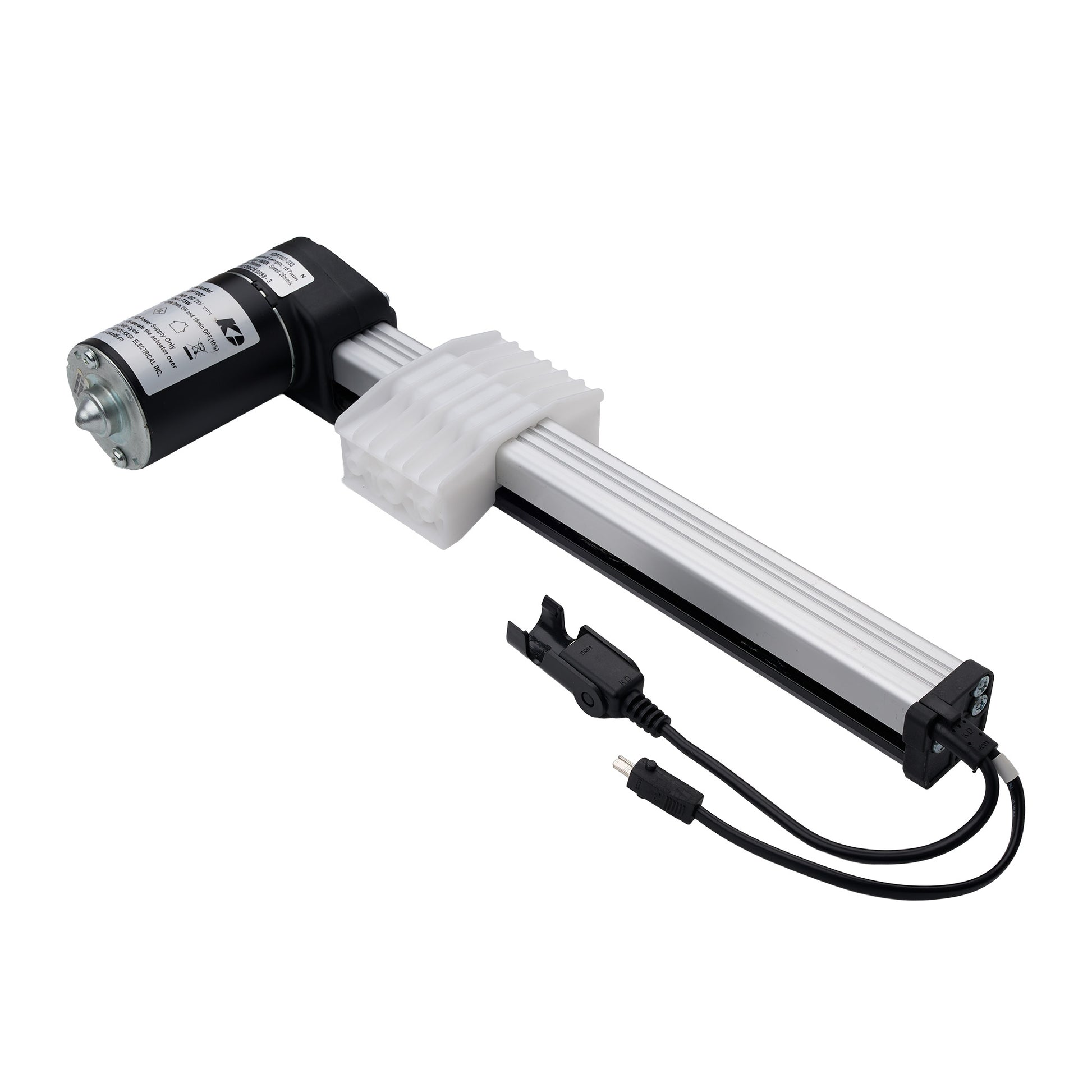 An industrial linear slide motor with a black motor housing, a silver aluminum rail, a white plastic protective sleeve, and a black power cable with a plug, shown on a plain white background.