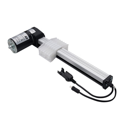 An industrial linear slide motor with a black motor housing, a silver aluminum rail, a white plastic protective sleeve, and a black power cable with a plug, shown on a plain white background.