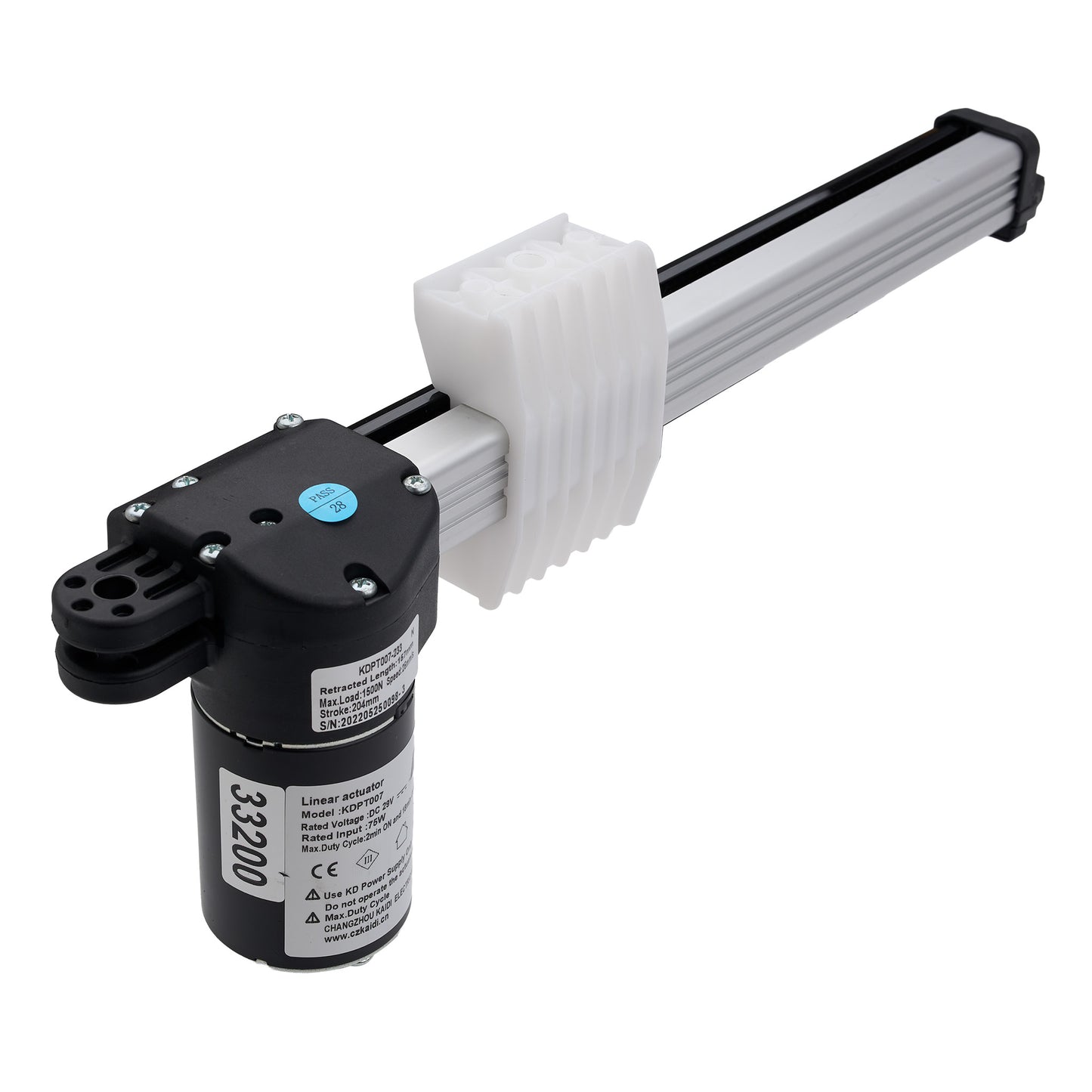 A linear actuator motor with a black cylindrical body, black top housing, white ribbed plastic sleeve, and a long silver aluminum rod, shown on a white background.