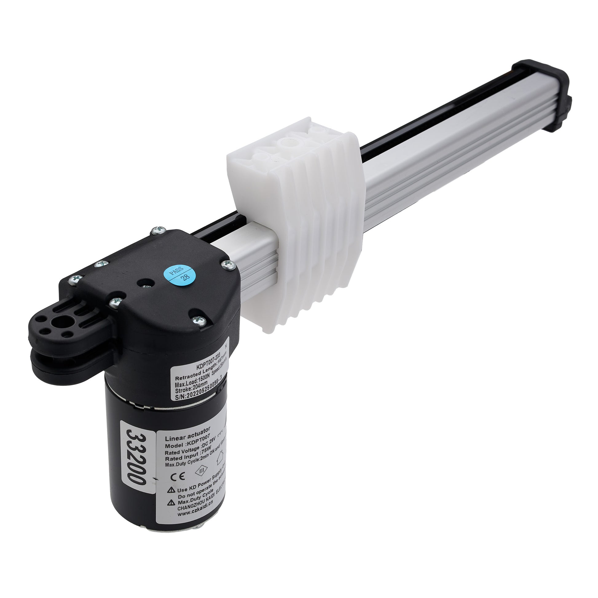 A linear actuator motor with a black cylindrical body, black top housing, white ribbed plastic sleeve, and a long silver aluminum rod, shown on a white background.