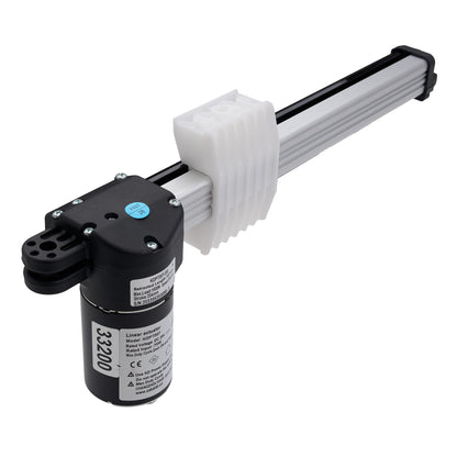 A linear actuator motor with a black cylindrical body, black top housing, white ribbed plastic sleeve, and a long silver aluminum rod, shown on a white background.