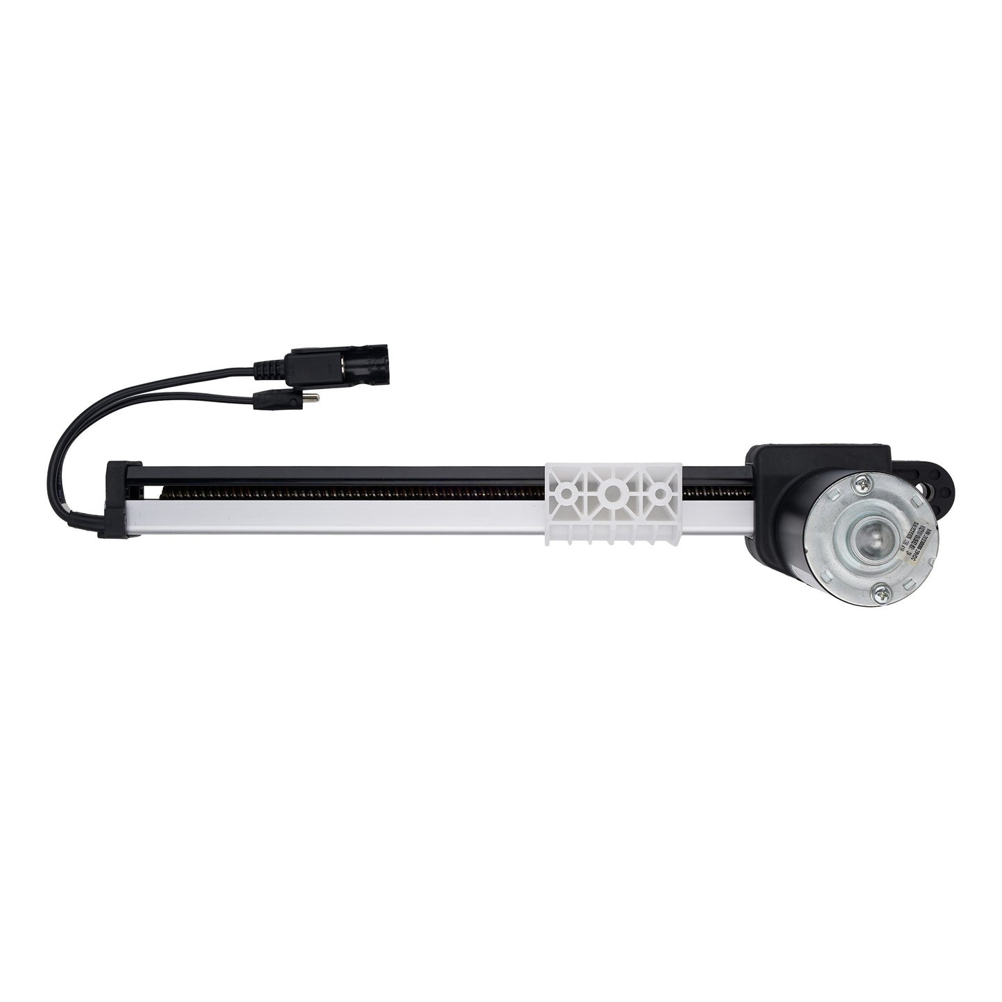 A linear motion encoder with a black and silver rail assembly, a white plastic gear section, and an attached black cable connector, shown against a plain white background.