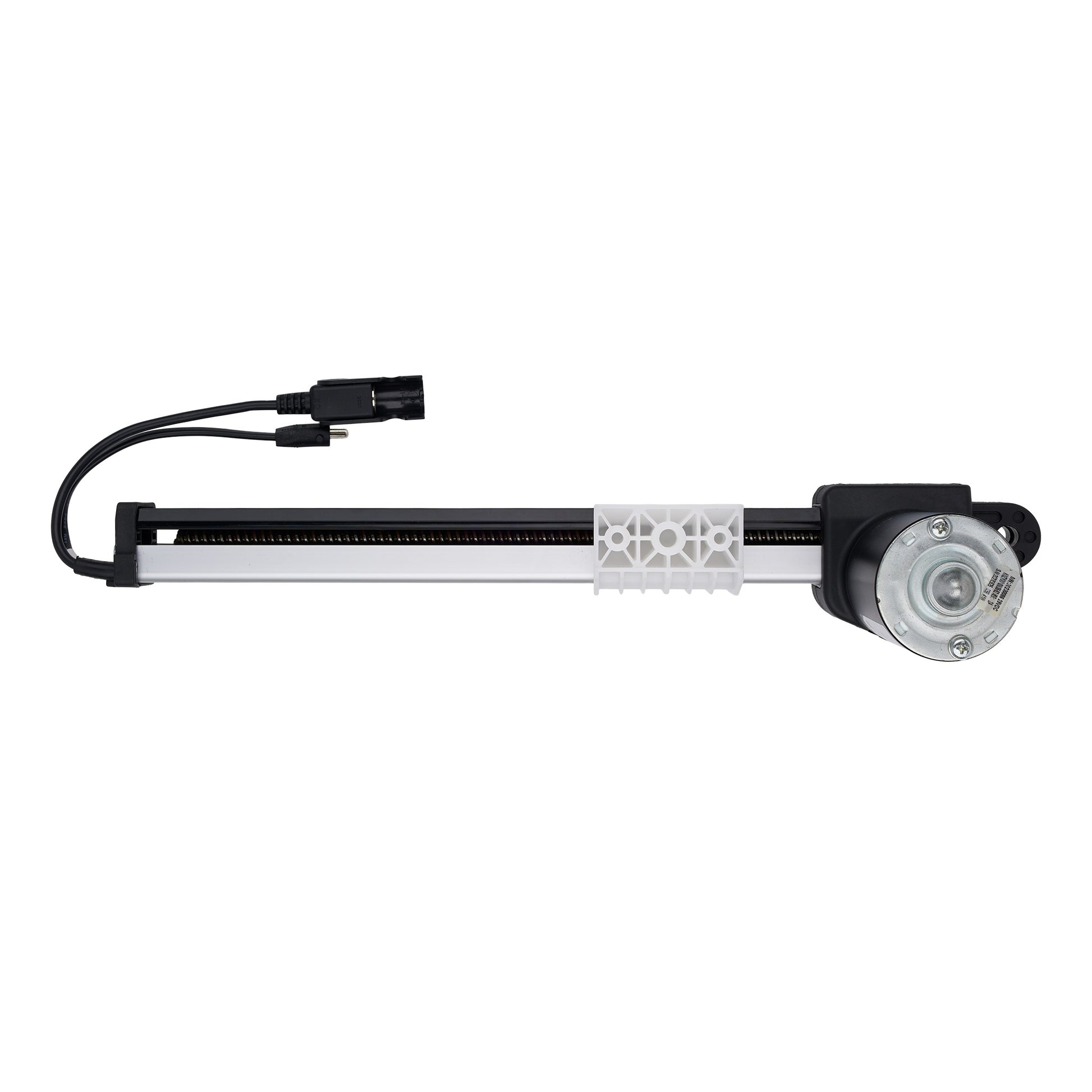 A linear motion encoder with a black and silver rail assembly, a white plastic gear section, and an attached black cable connector, shown against a plain white background.