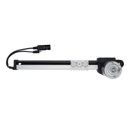 A linear motion encoder with a black and silver rail assembly, a white plastic gear section, and an attached black cable connector, shown against a plain white background.