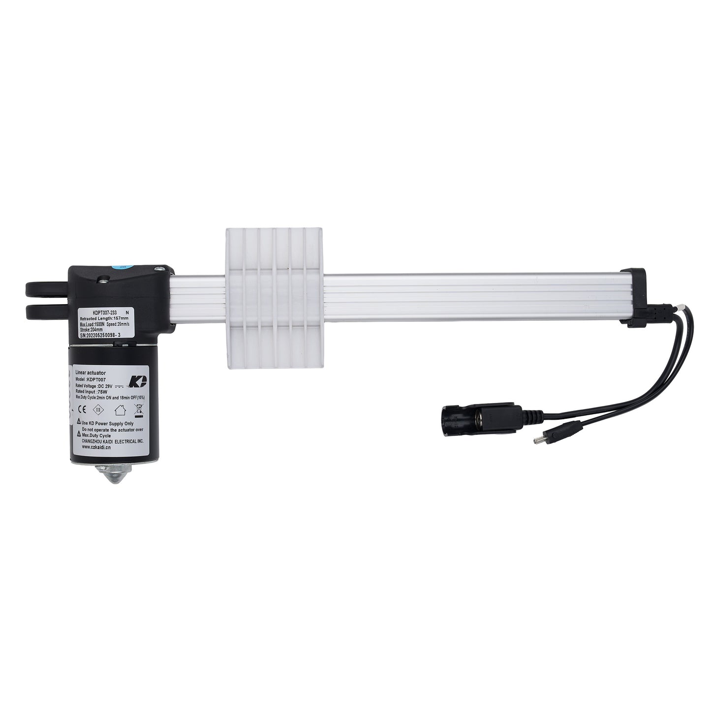 A linear electric actuator with a black motor housing, a white ribbed metal rod, a white end cap, and black cables with a connector, shown against a plain white background.