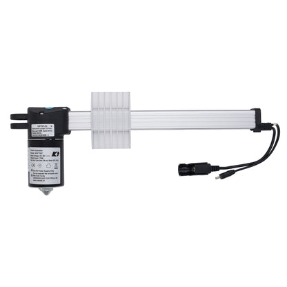A linear electric actuator with a black motor housing, a white ribbed metal rod, a white end cap, and black cables with a connector, shown against a plain white background.