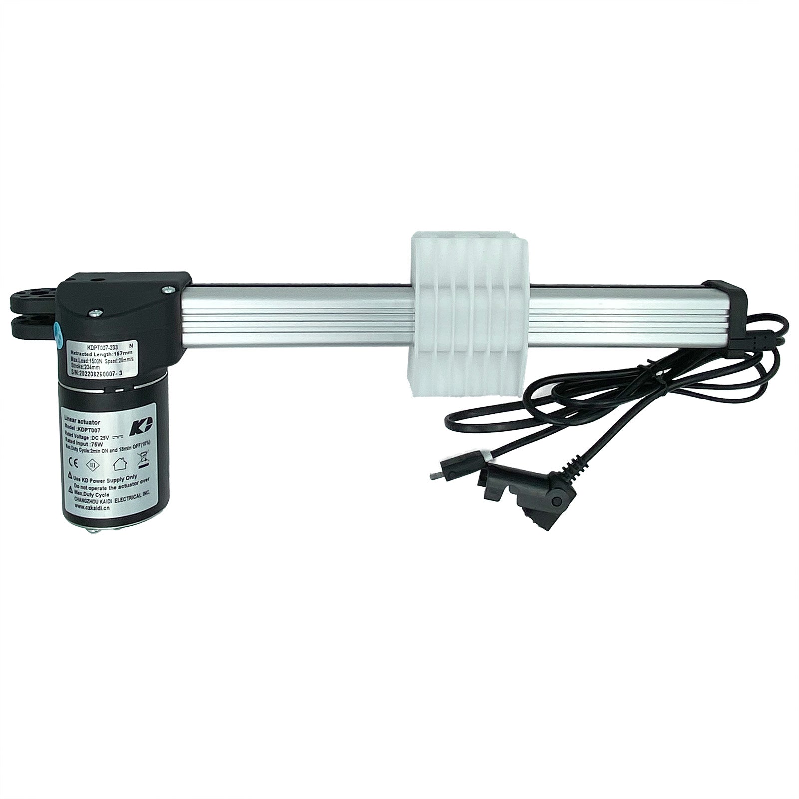 A linear actuator consisting of a black motor unit connected to a piston rod, with cables and plugs for power and control.