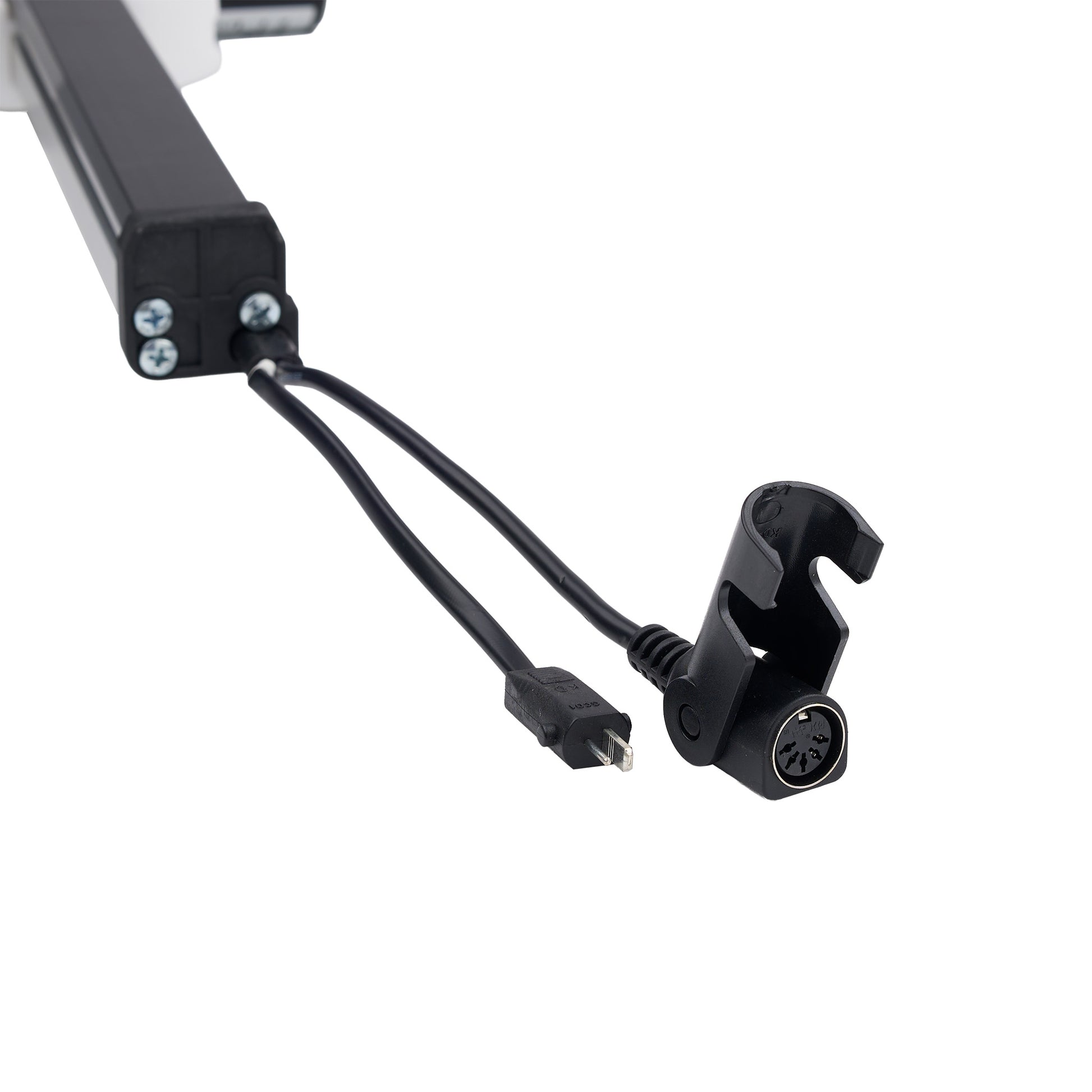 A close-up of a black electrical connector cable with a USB-C plug and a mounting clip, attached to a black rectangular component with silver screws, shown on a plain white background.