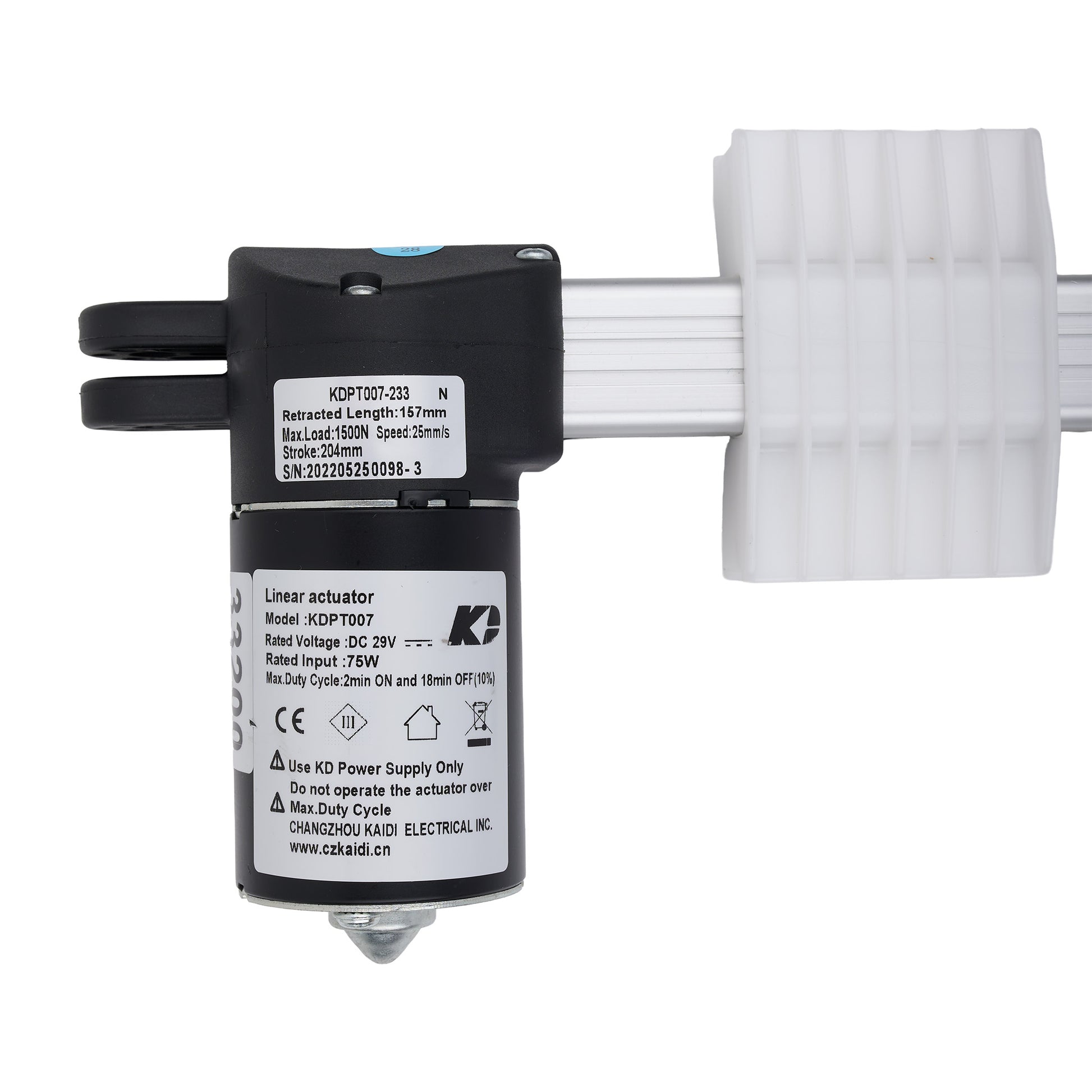 A KDZ linear actuator motor with a black housing, white plastic end pieces, and printed technical specifications on the label, shown on a white background.
