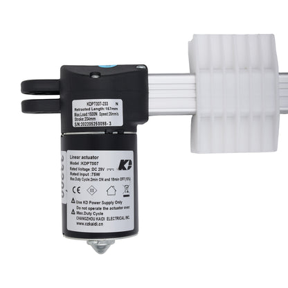 A KDZ linear actuator motor with a black housing, white plastic end pieces, and printed technical specifications on the label, shown on a white background.