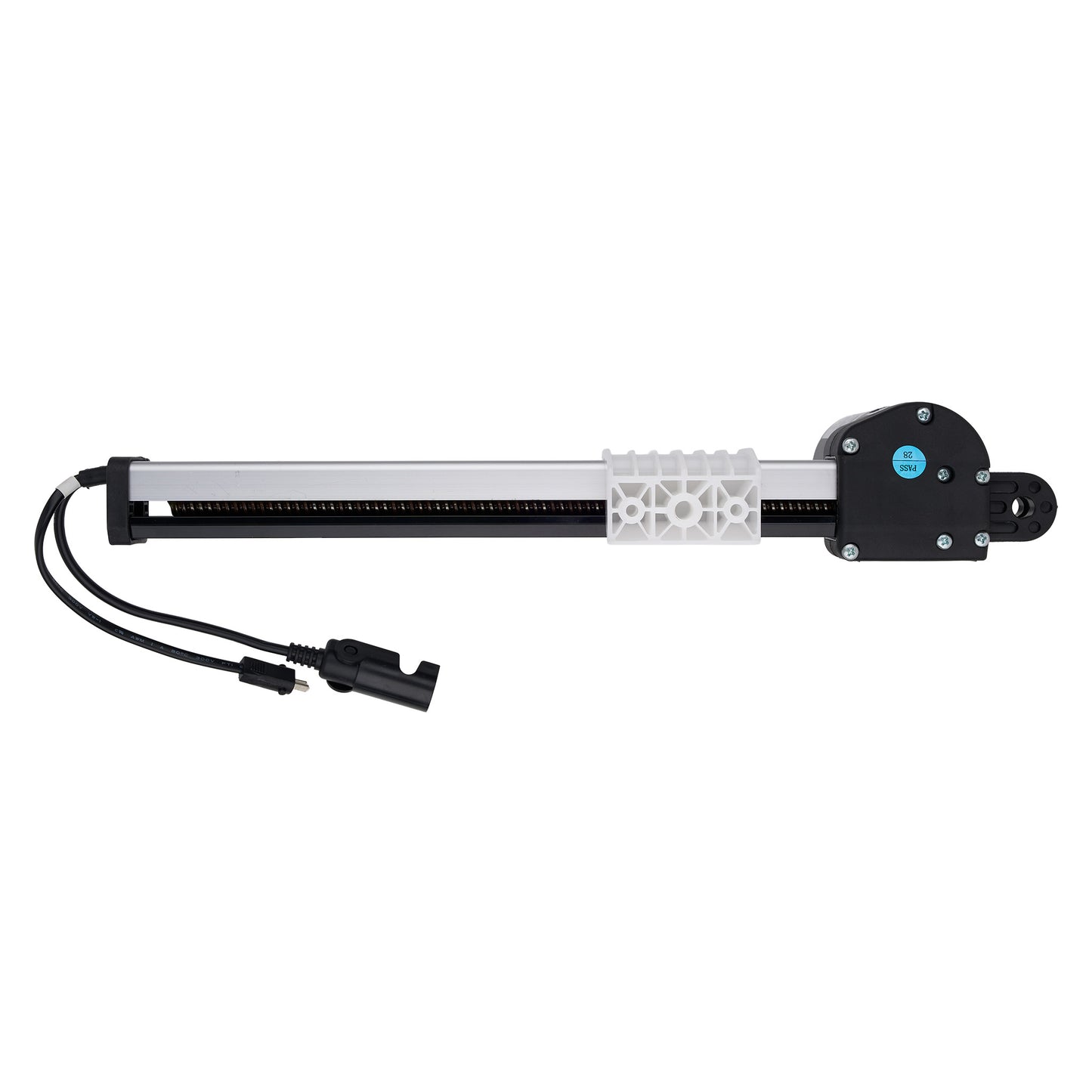 An industrial linear slide assembly with a black and white aluminum rail, featuring a white plastic mesh filter section and dual black cable connectors on the left, set against a plain white background.