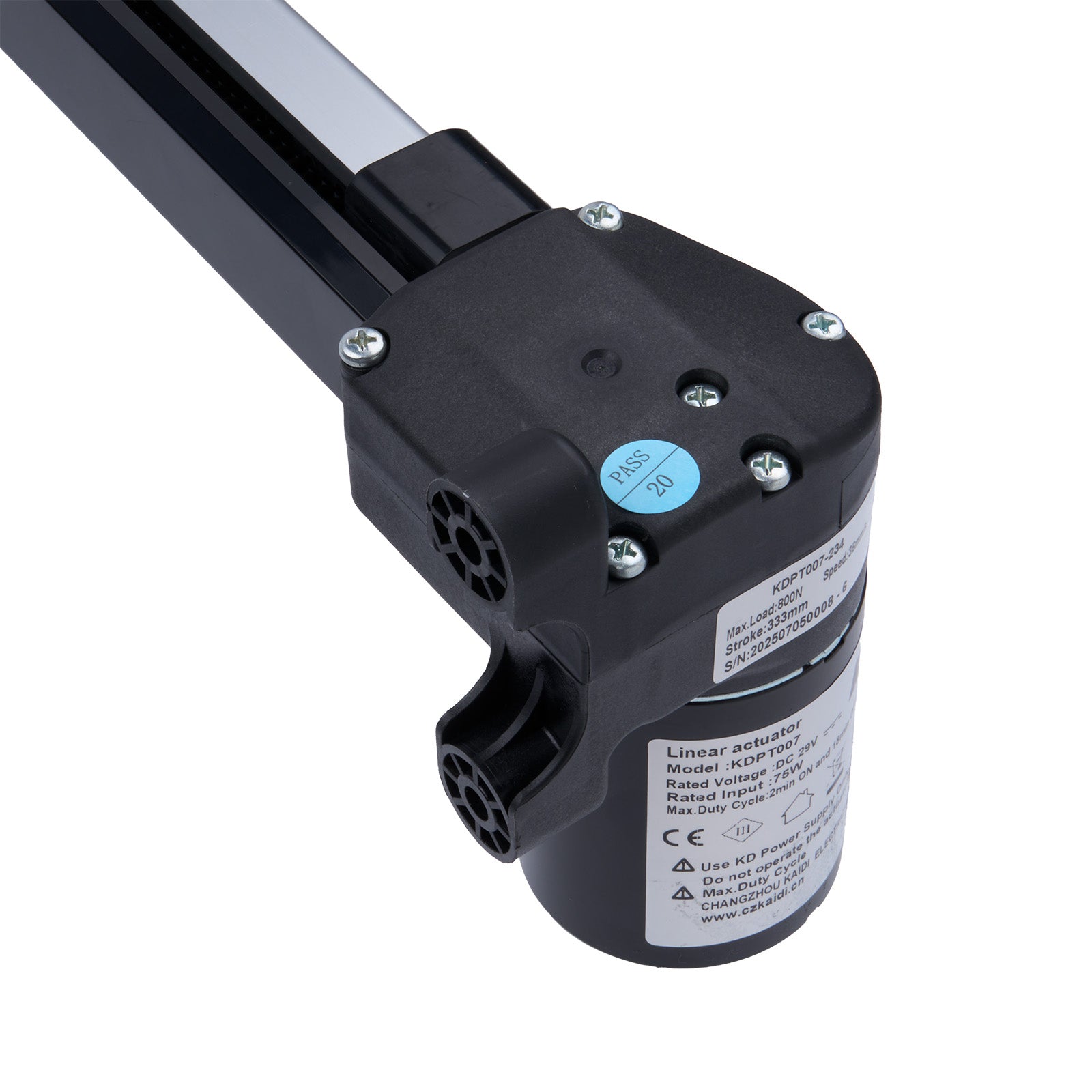 Black mechanical component with visible branding and specifications on a white background