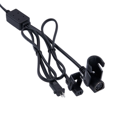 Black electrical cable with various connectors on a white background