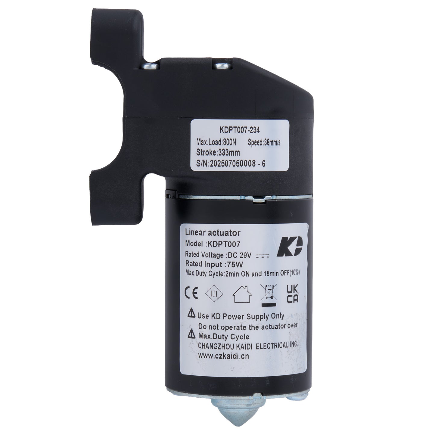 Black linear actuator with technical specifications on a white background