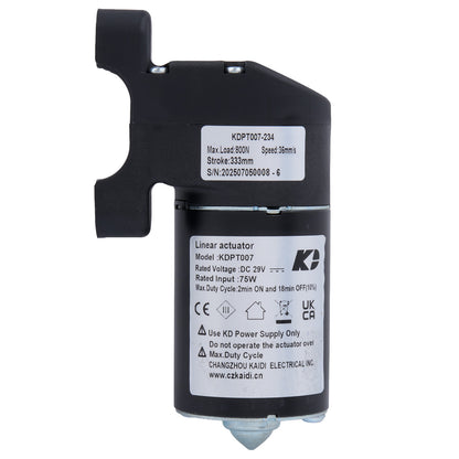 Black linear actuator with technical specifications on a white background