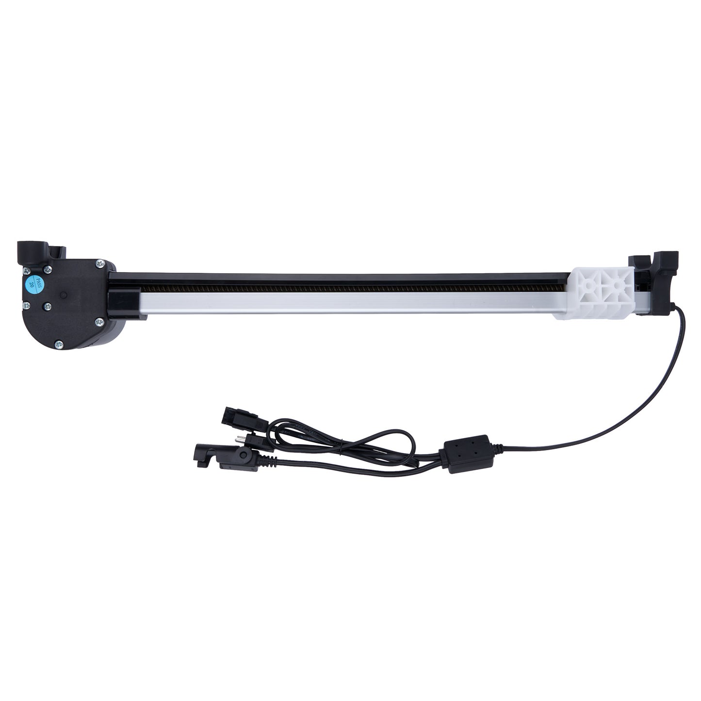 Long mechanical arm with a motor and wiring on a white background
