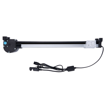 Long mechanical arm with a motor and wiring on a white background