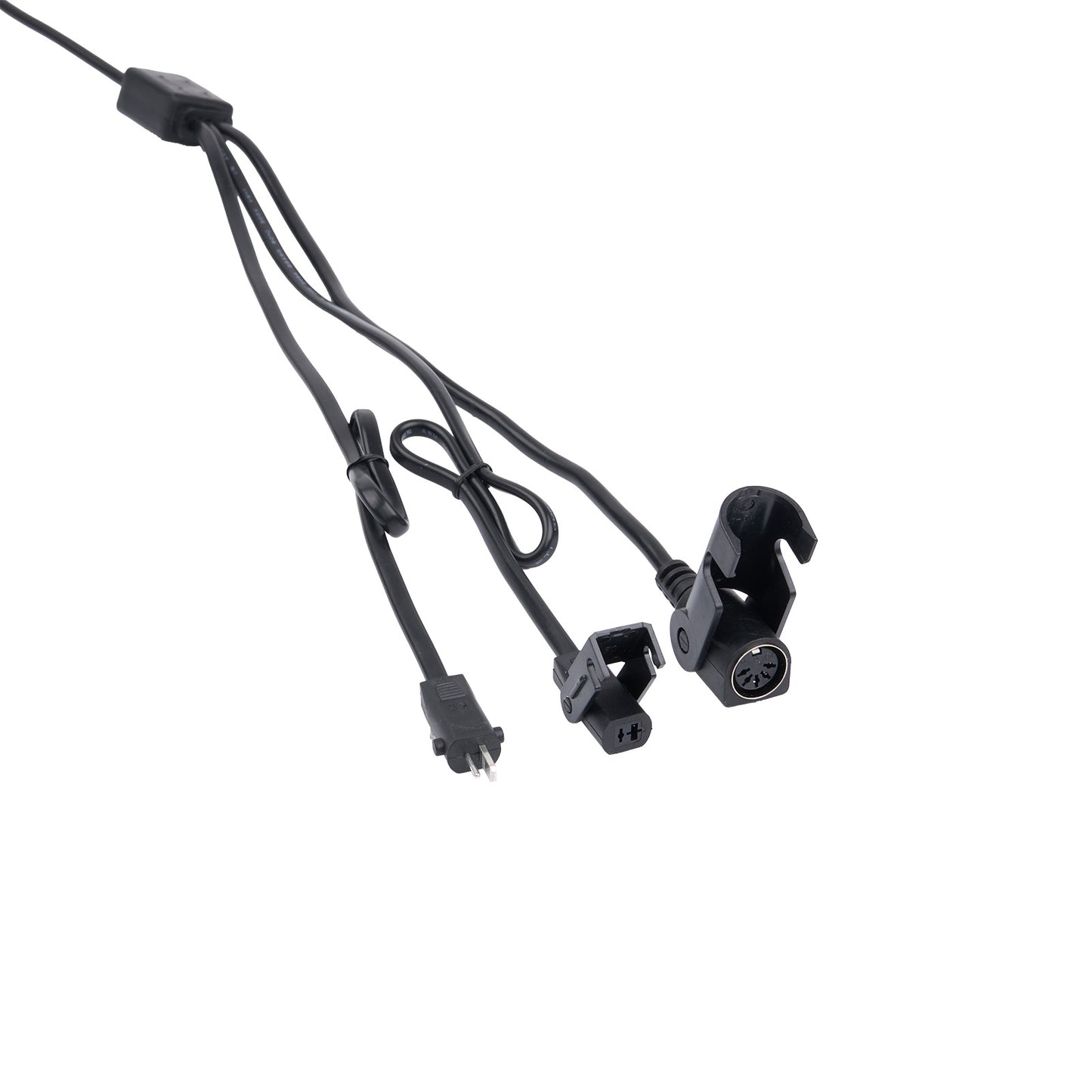 Set of black microphone clips with cables on a white background