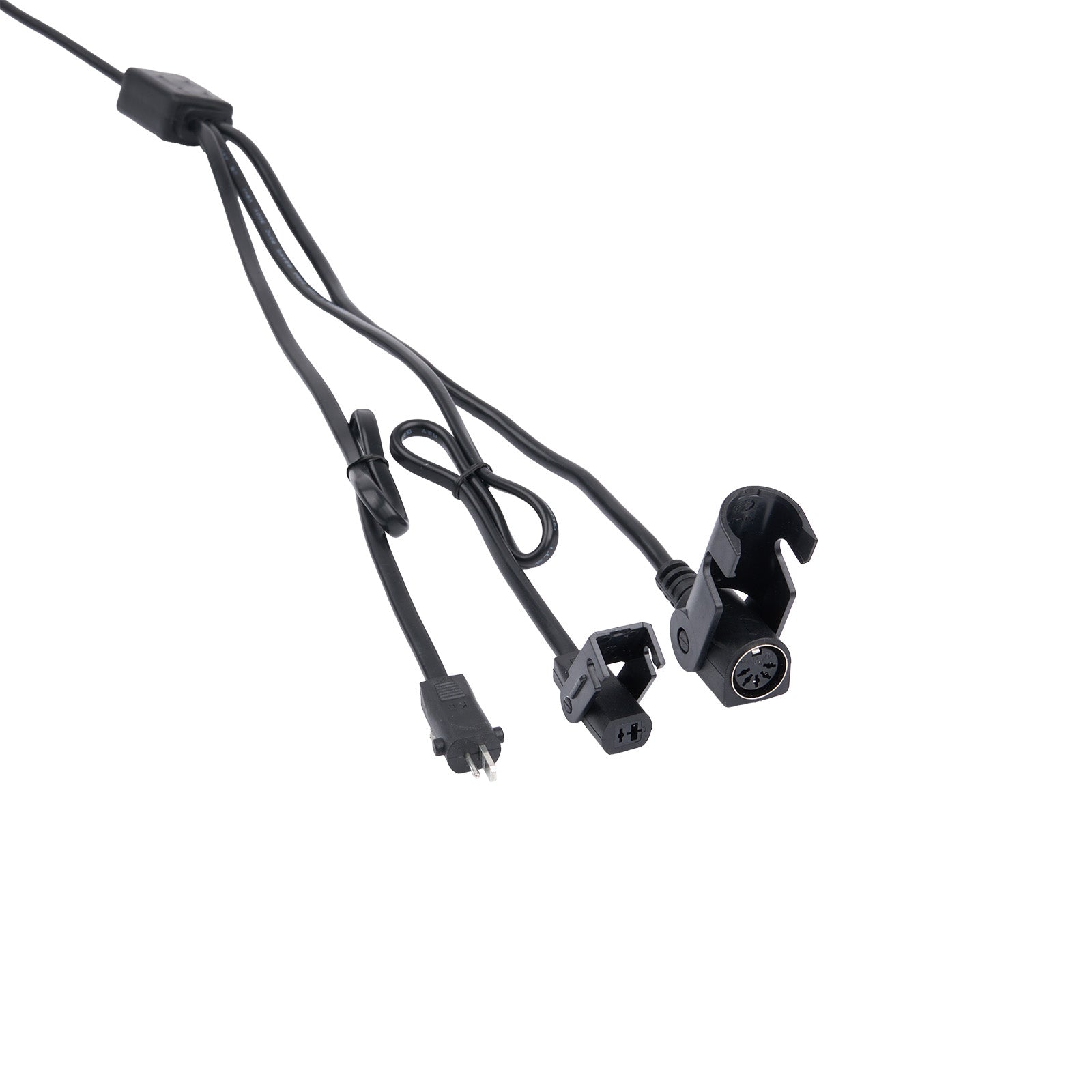Set of black microphone clips with cables on a white background