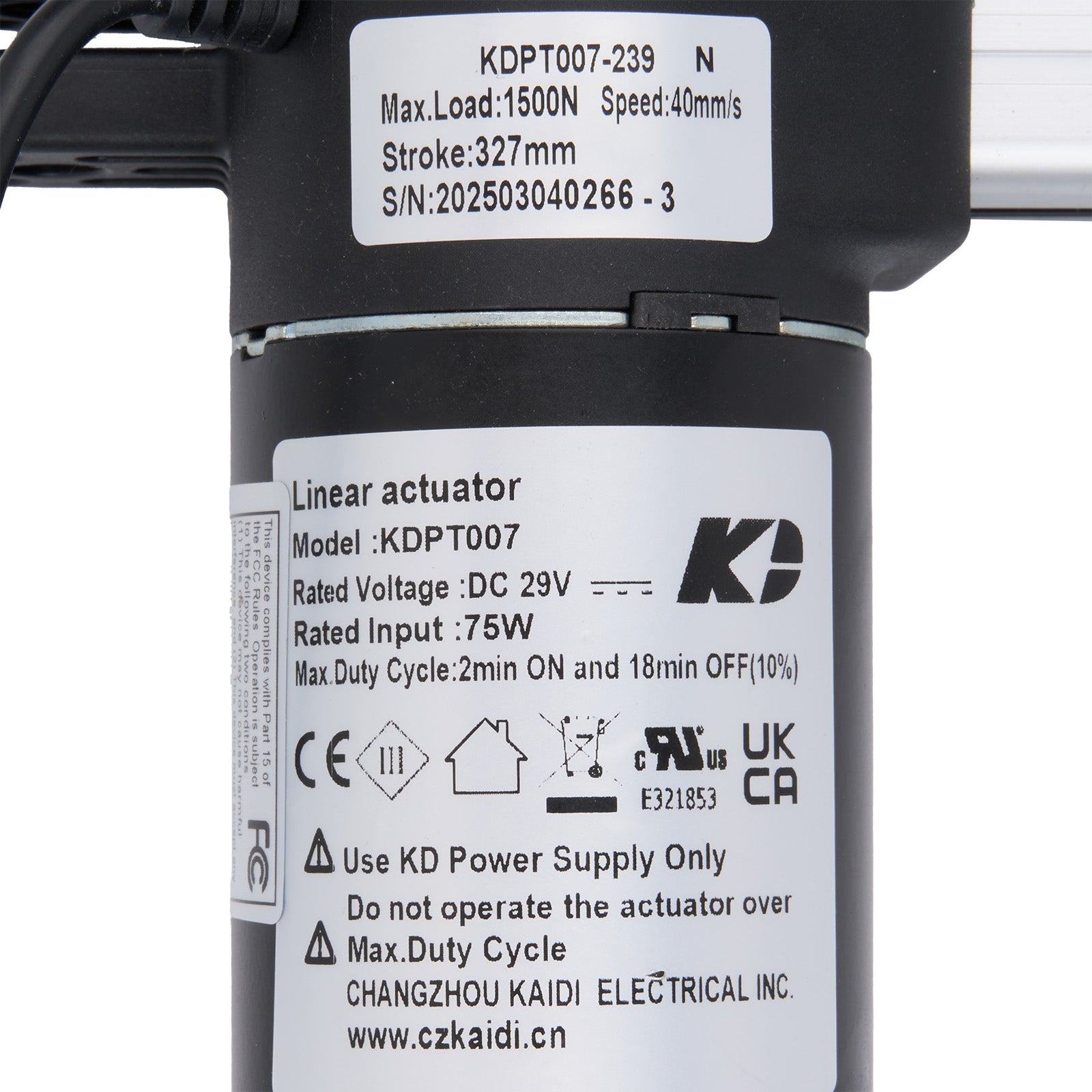 Linear actuator with technical specifications label on a white background