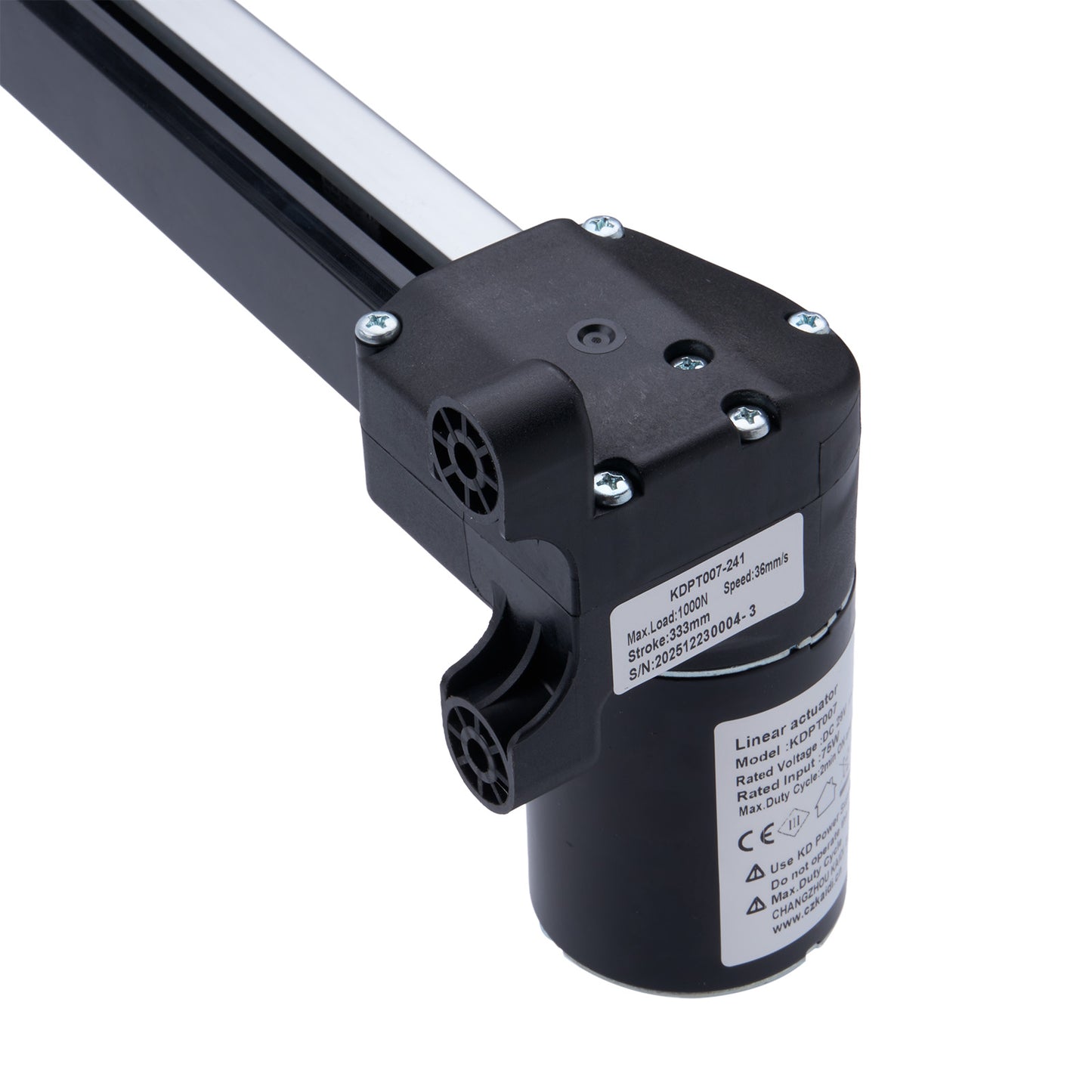 Black linear actuator with connectors and labels on a white background