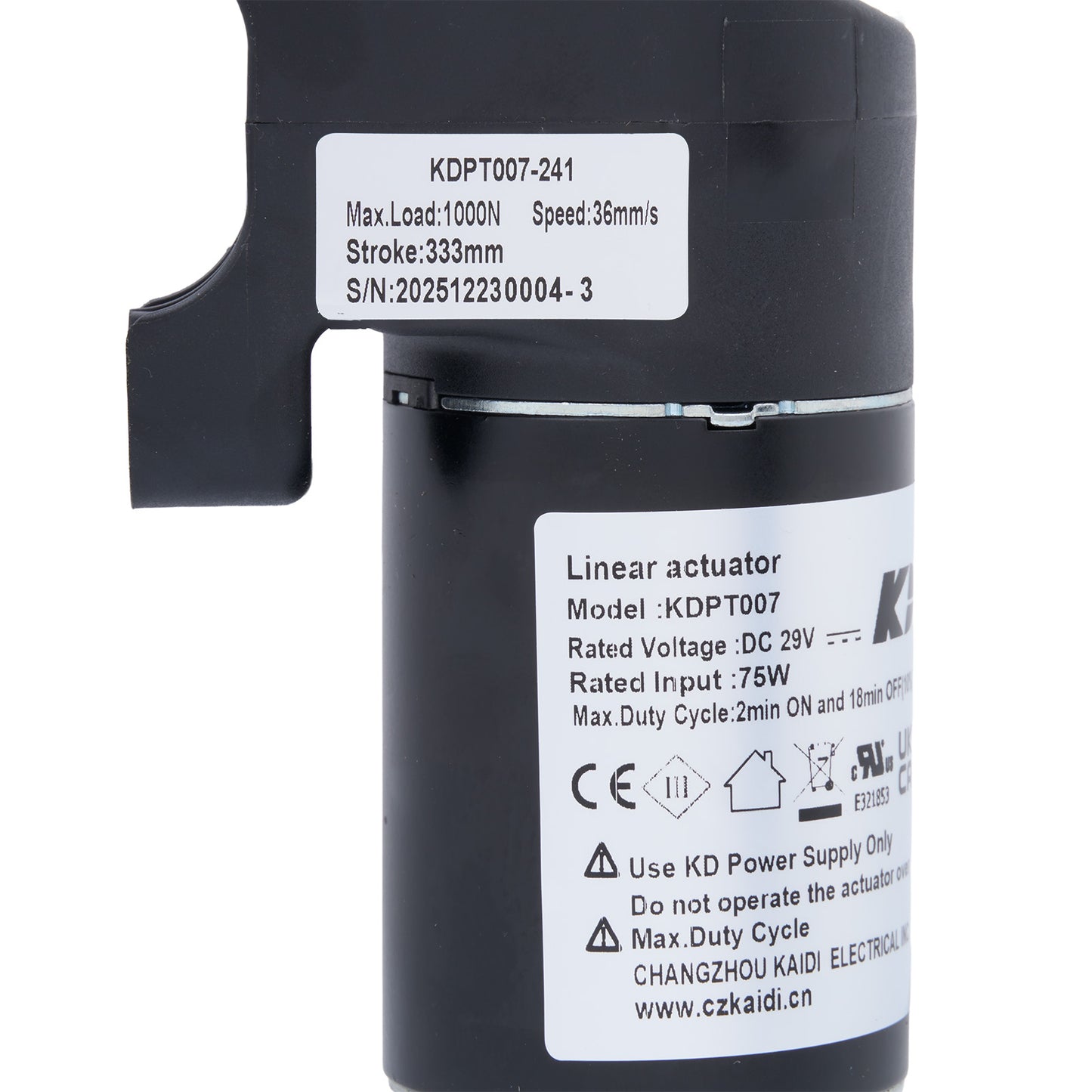 Black linear actuator with technical specifications on labels against a white background
