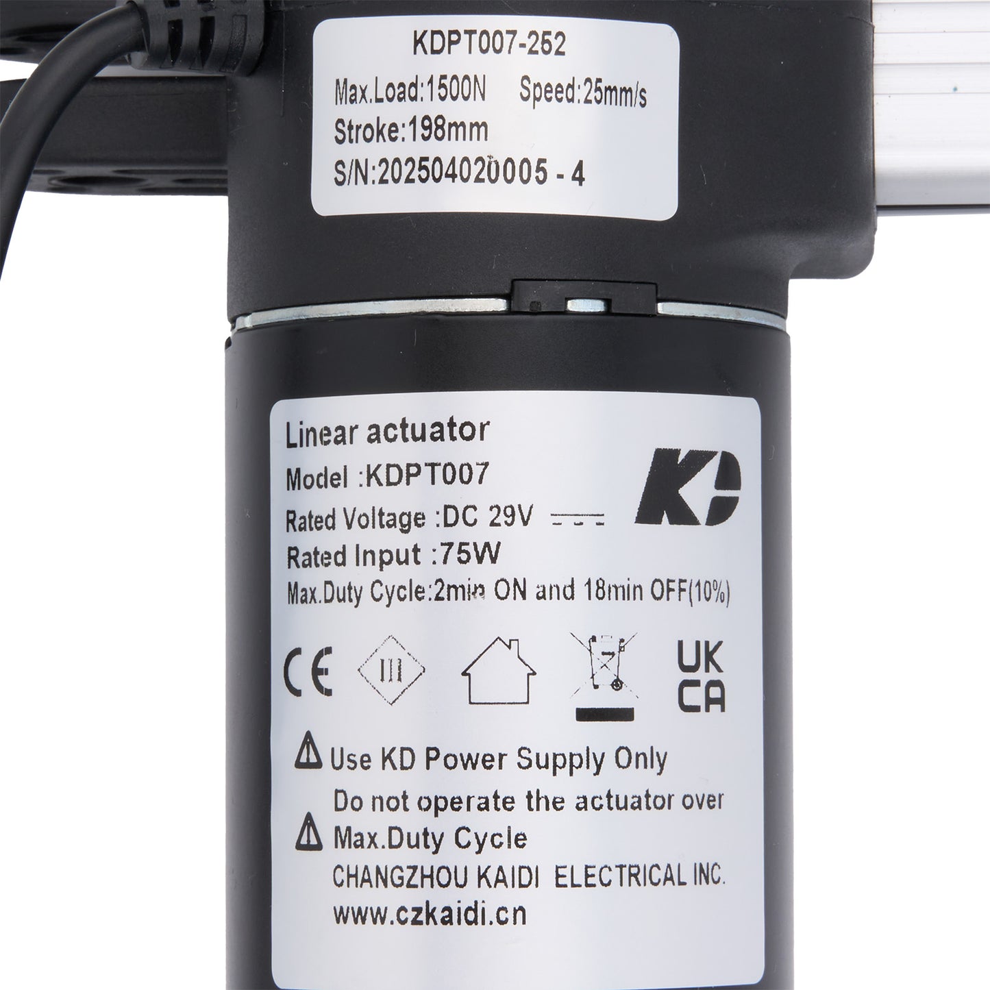 Linear actuator with specifications label on a white background