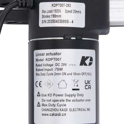 Linear actuator with specifications label on a white background