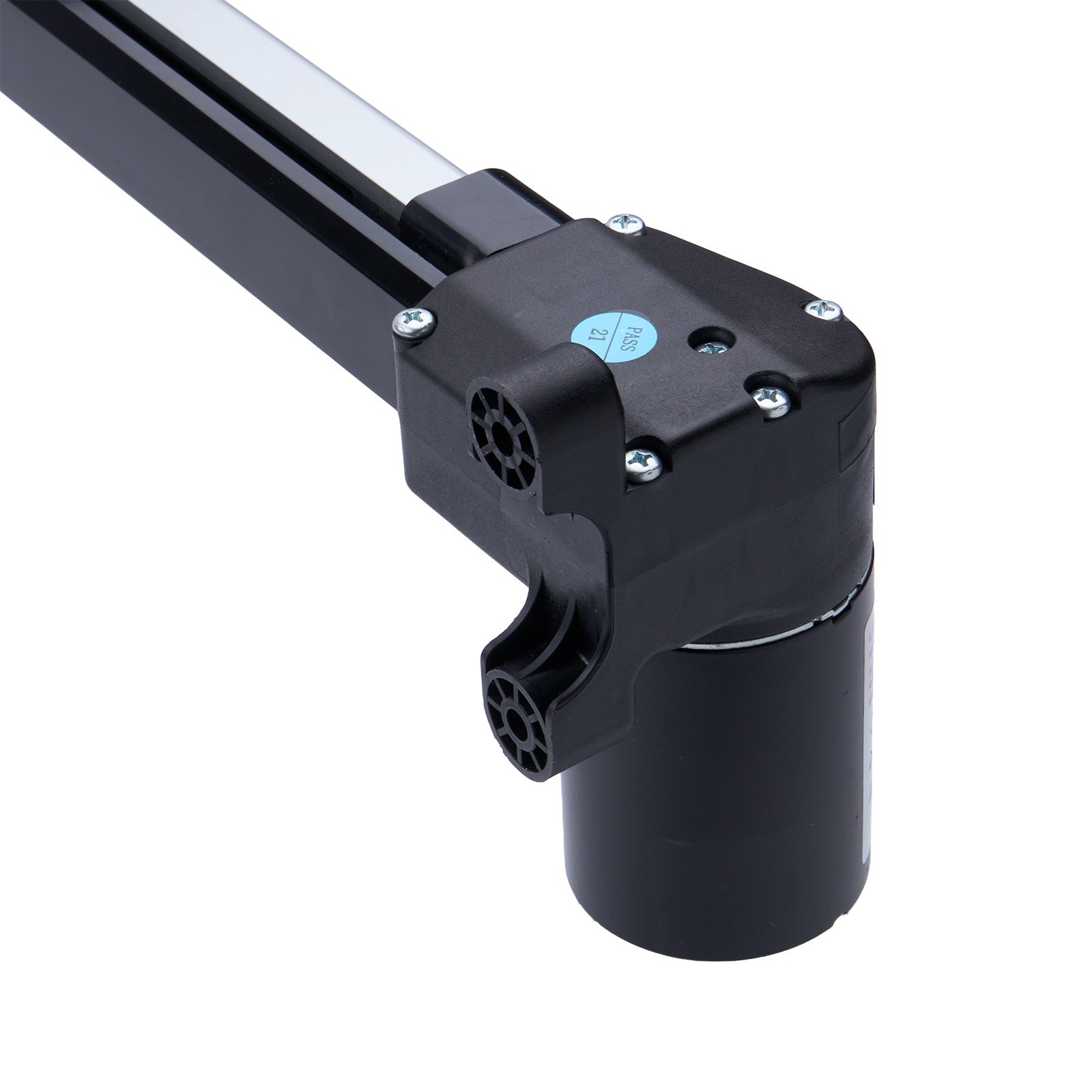 Black metal rod with cylindrical component on a white background