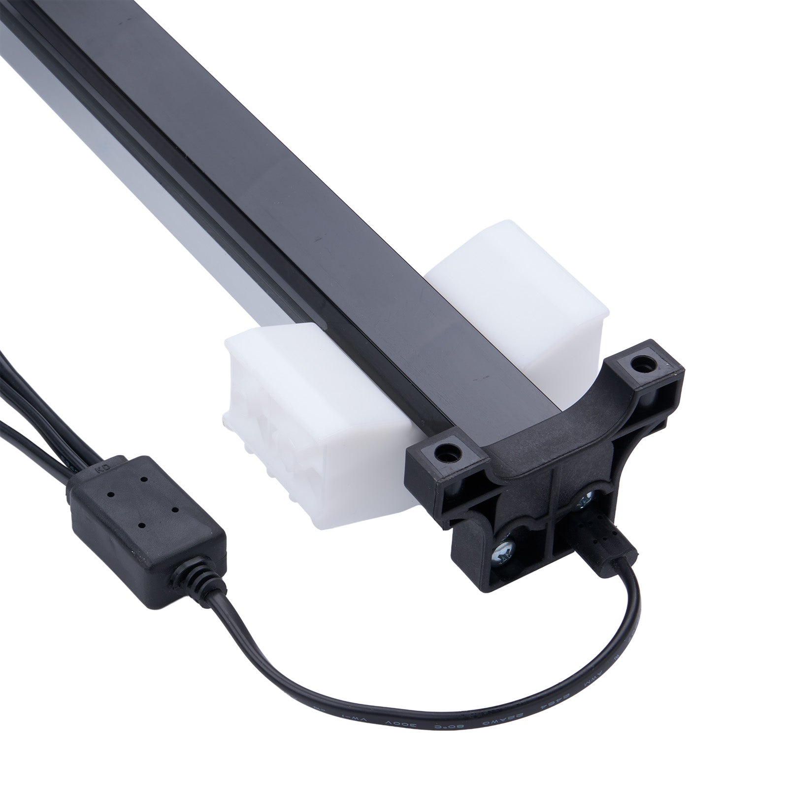 Mechanical component with black housing and white plastic parts on a white background